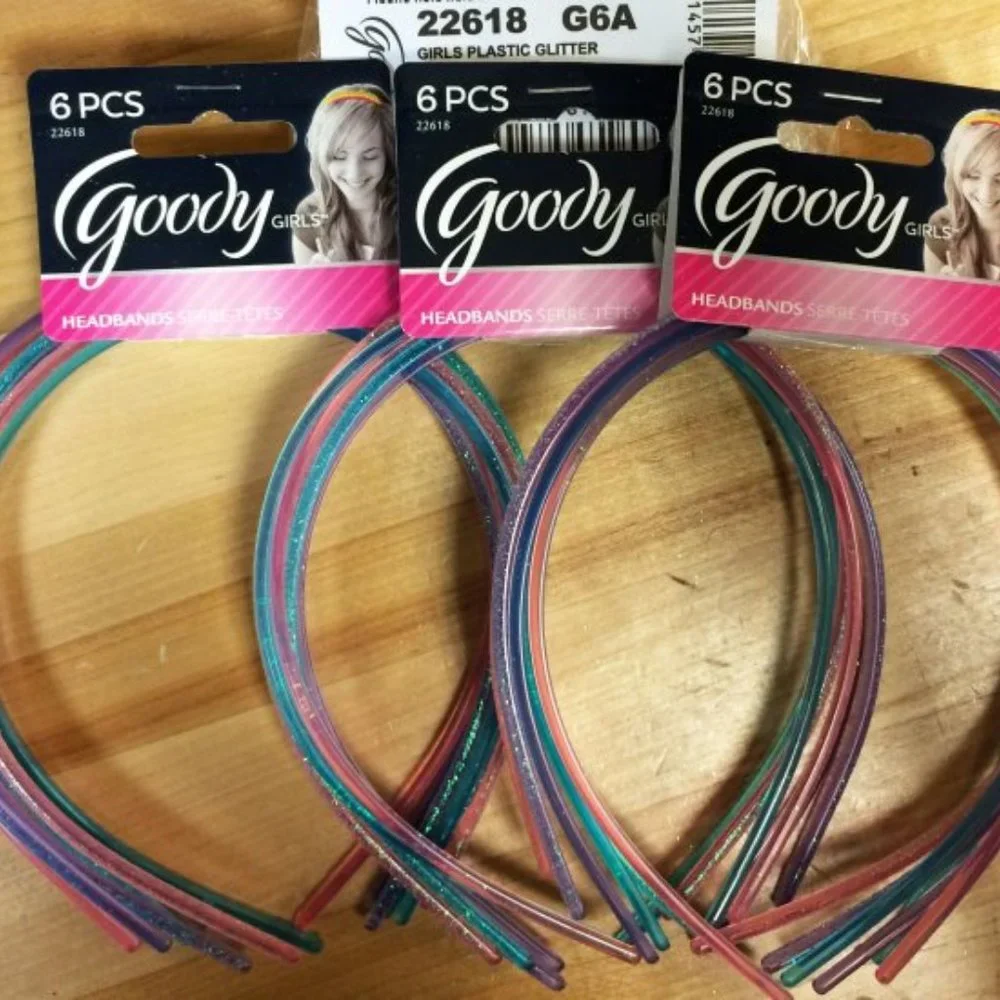 6 Goody Girls Skinny Thin Plastic Glittery Pastel Head Bands Purple Pink Blue